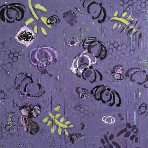 #1208 July #2 (nepeta/bees/purple) 36x36 acrylic cradled wood panel, 2023