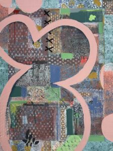 #1239 Paper Tapestries (pink) 36x48 mixed media cradled wood panel, 2024