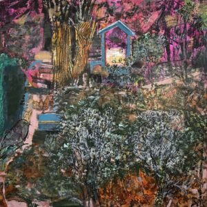 #1274 Studio with Bird 36x36 mixed media cradled wood panel, 2025