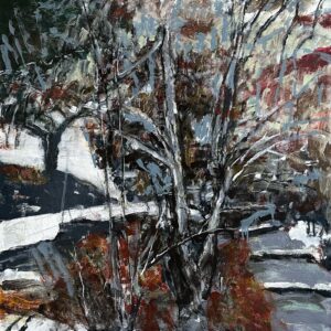 #1280 Red Japanese Maple and Pathway in Snow 36x36 acrylic cradled wood panel, 2025