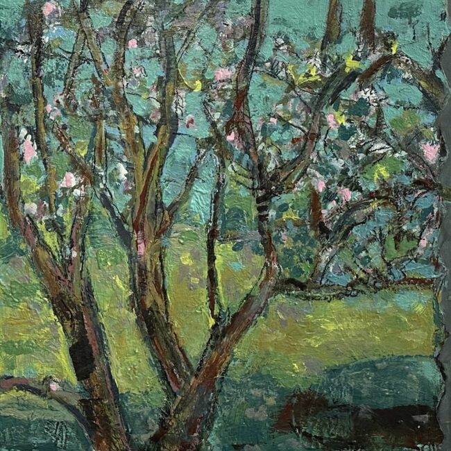 #1283 April’s Promise (with flowers) 24x24 acrylic cradled wood panel, 2025