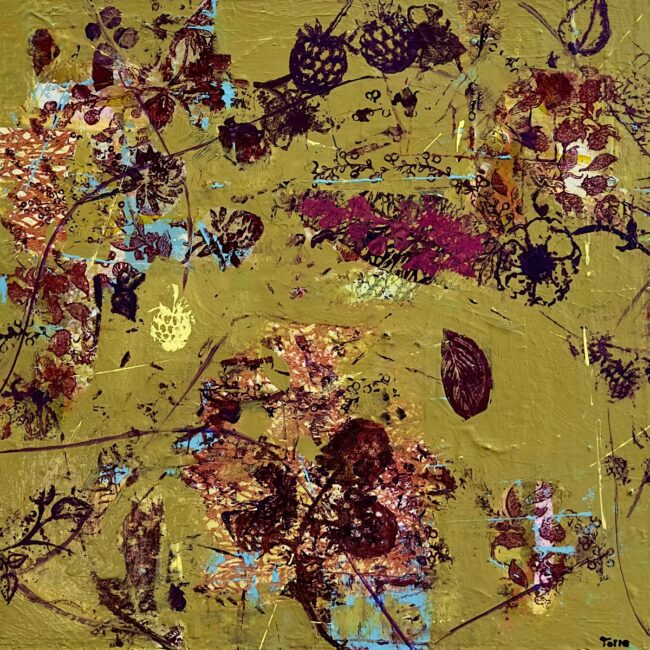 #1297 BlackBerry Brambles where rabbits go to hide 18x18 mixed media cradled wood panel, 2025