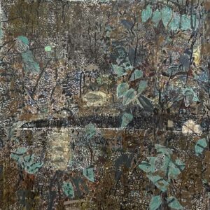 #1304 Through Thickets the Island Holds Steep Descent what the Brambles Keep 36x36 mixed media cradled wood panel, 2026