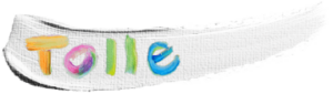 Pat Tolle Artwork Signatur Logo: multicolored TOLLE over a white acrylic paint swipe