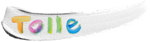 Pat Tolle Artwork Signature Logo: multicolored TOLLE over a white acrylic paint swipe